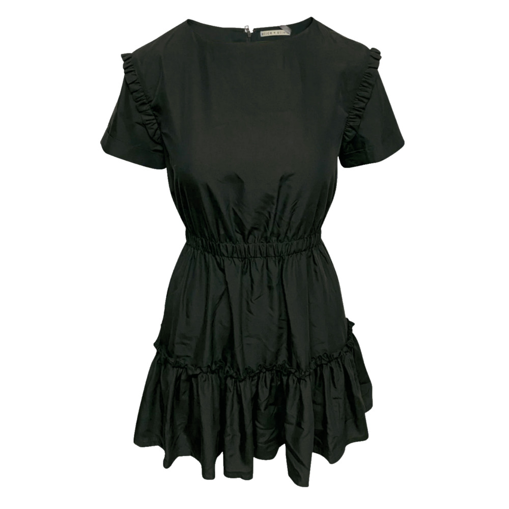Alice & Olivia Garner Black Ruffle Size 8 Mini Dress Back Zip Boat Neck